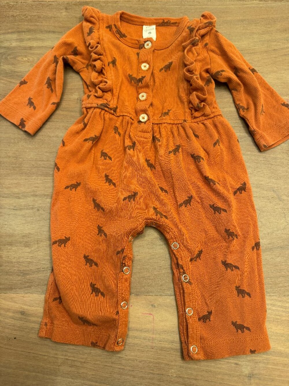 Kate Quinn Fox Print Ribbed Ruffle Romper Rust Organic 6-12M